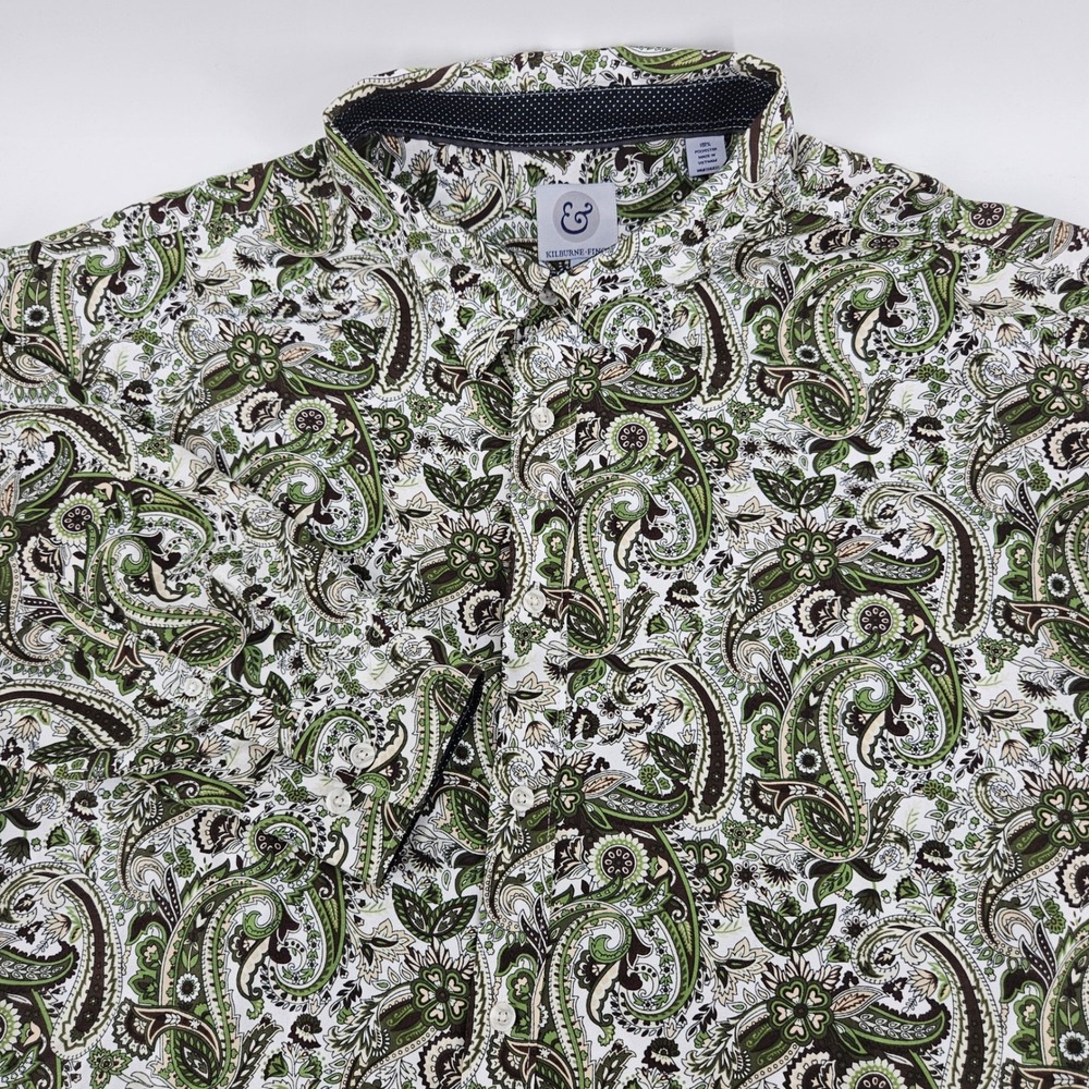Kilburne & Finch Mens 3XL Paisley Button Down Shirt Green Long Sleeve Brown